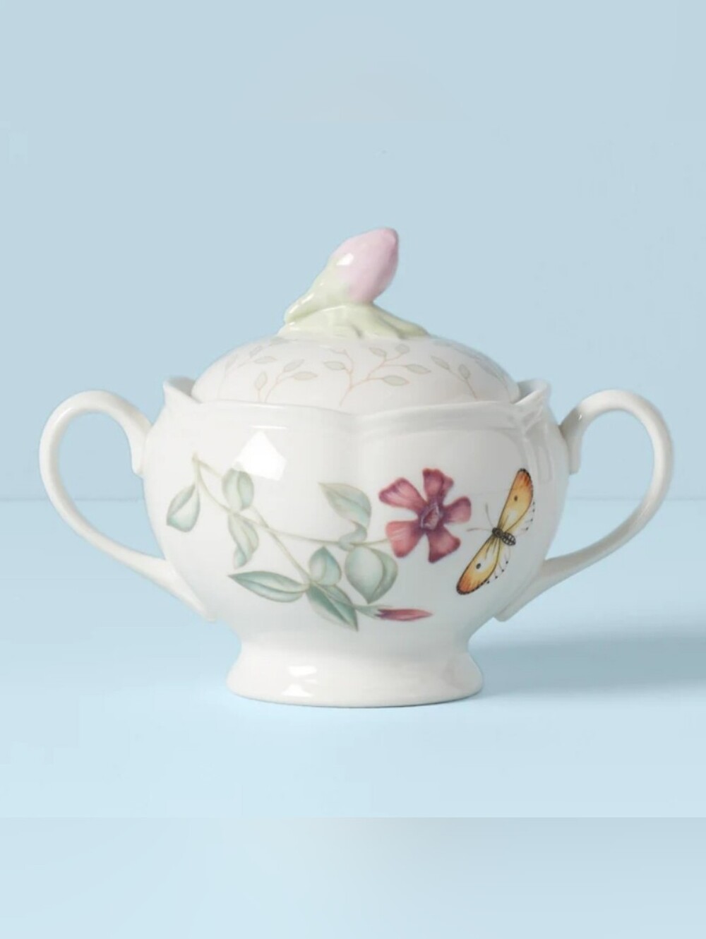 Lenox Butterfly Meadow Porcelain Sugar Bowl with Rosebud Lid, Floral, Ladybug